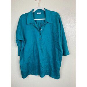J. Jill Love Linen 3/4 Sleeve Top Women size Medium Petite Teal Button lagenlook